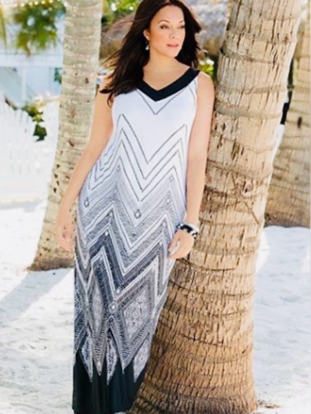 Catherines Black & White Chevron Besded V-Neck Maxi Size S